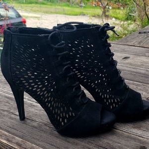 Fergalicious by Fergie black lattice open peep toe heels